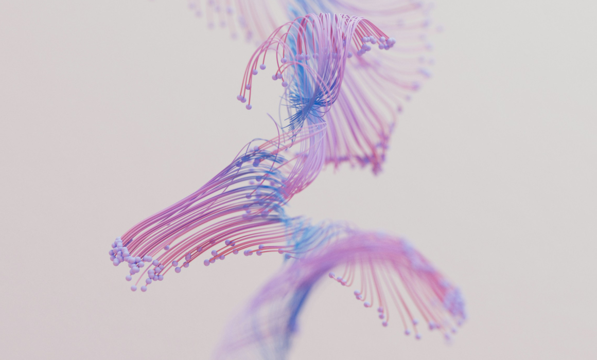 An abstract flow of purple and pink strands curving through a soft, pale background—symbolizing calm, complexity, and nuance.